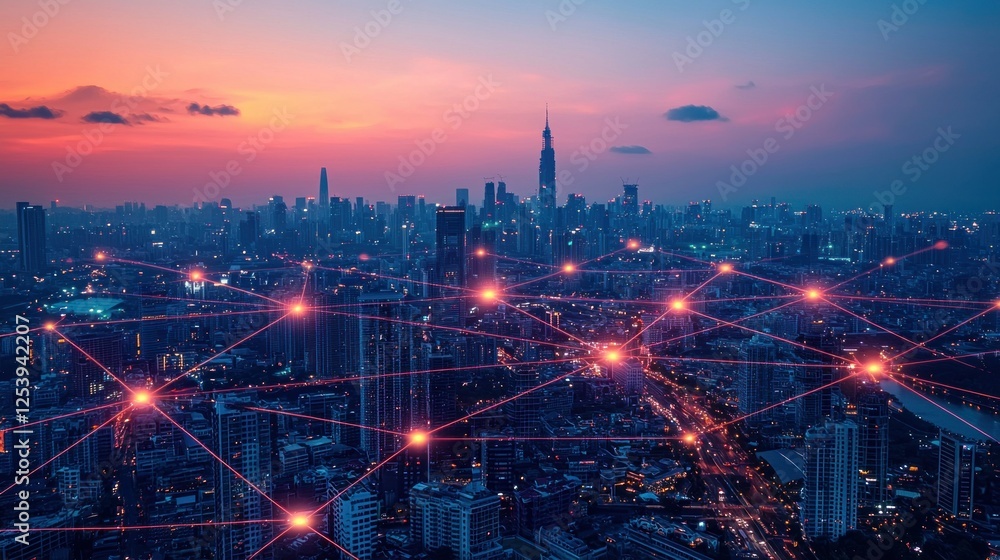 custom made wallpaper toronto digitalSmart city network sunset skyline, connection concept