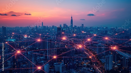 Wallpaper Mural Smart city network sunset skyline, connection concept Torontodigital.ca