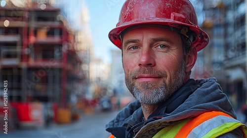Confident construction worker, city backdrop, building site, portrait