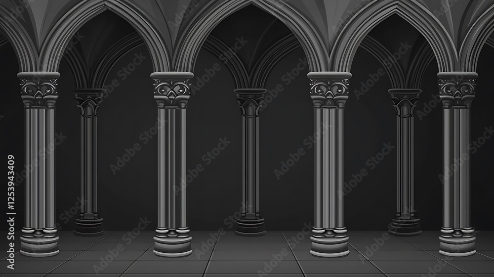 Naklejka premium Gothic arches, dark hall, stone floor, background