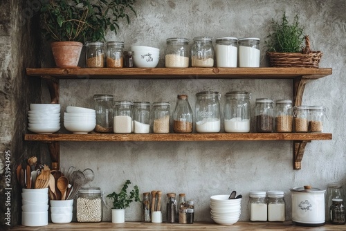 Naturally Inspired Kitchen Shelves: Elegant White Tableware and Eco-Friendly Containers for a Sustainable Home