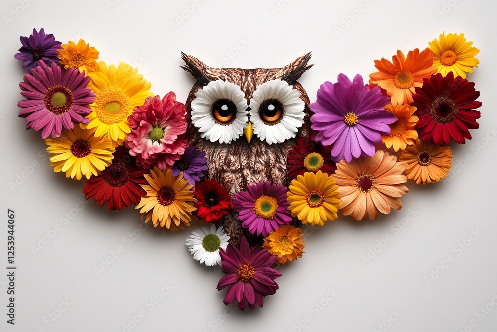 A vibrant owl created from various flowers, showcasing a mix of colors and textures, exuding a whimsical and artistic charm. A vibrant owl created from various flowers, showcasing a mix of colors and textures, exuding a whimsical and artistic charm.
