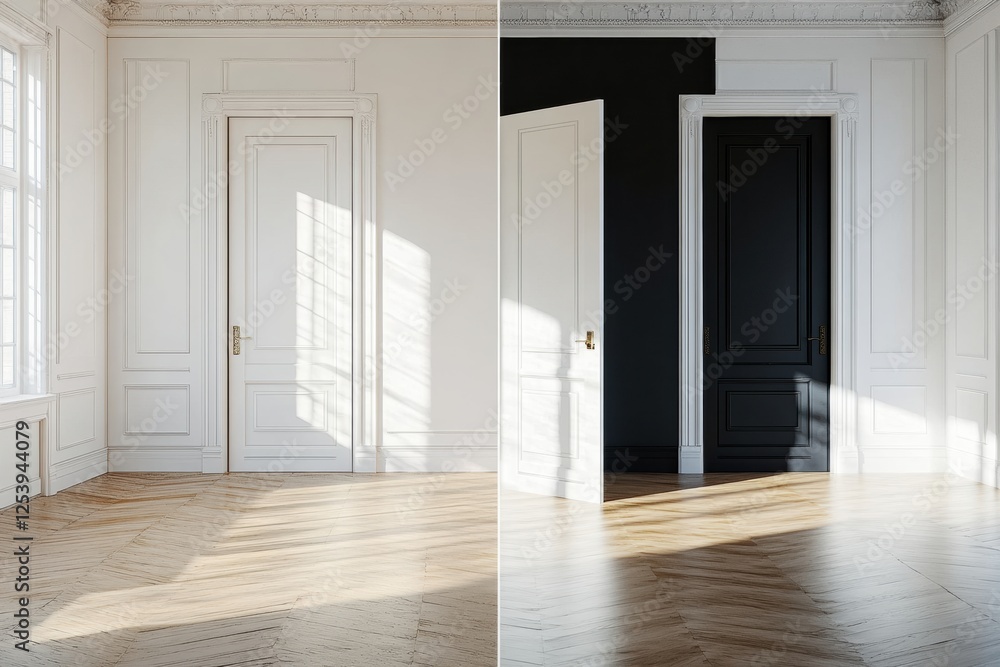 Contrasting styles in interior design reveal the evolution from dark vintage to bright modern spaces. Generative AI Contrasting styles in interior design reveal the evolution from dark vintage to bright modern spaces. Generative AI