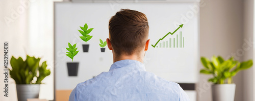 A man looking at a whiteboard with a plant growing out of it