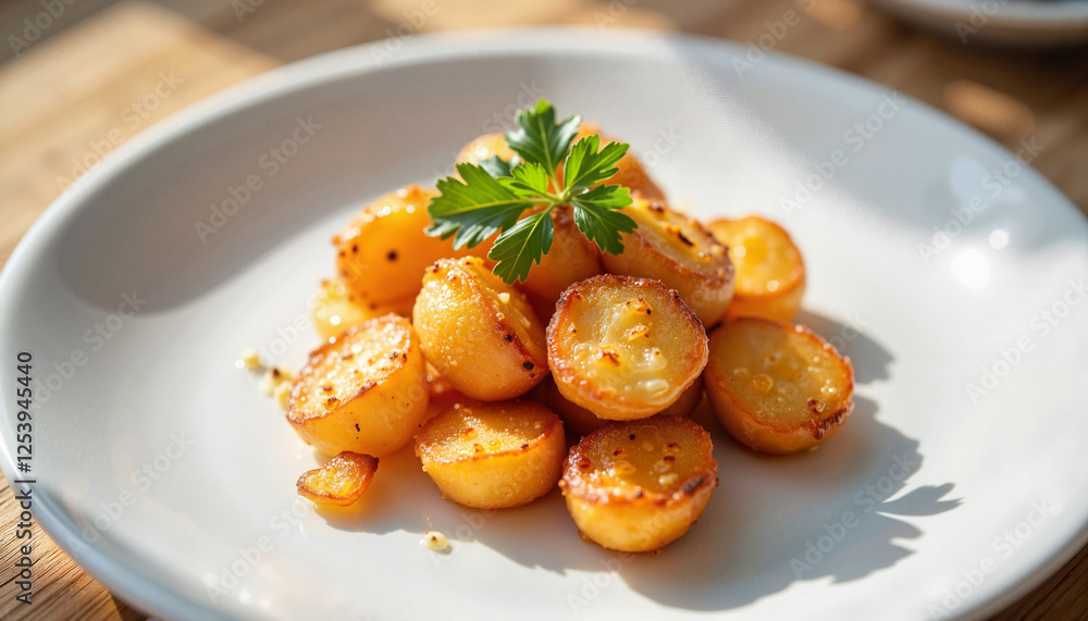 Golden roasted potatoes garnished with parsley on a white plate
Golden roasted potatoes garnished with parsley on a white plate