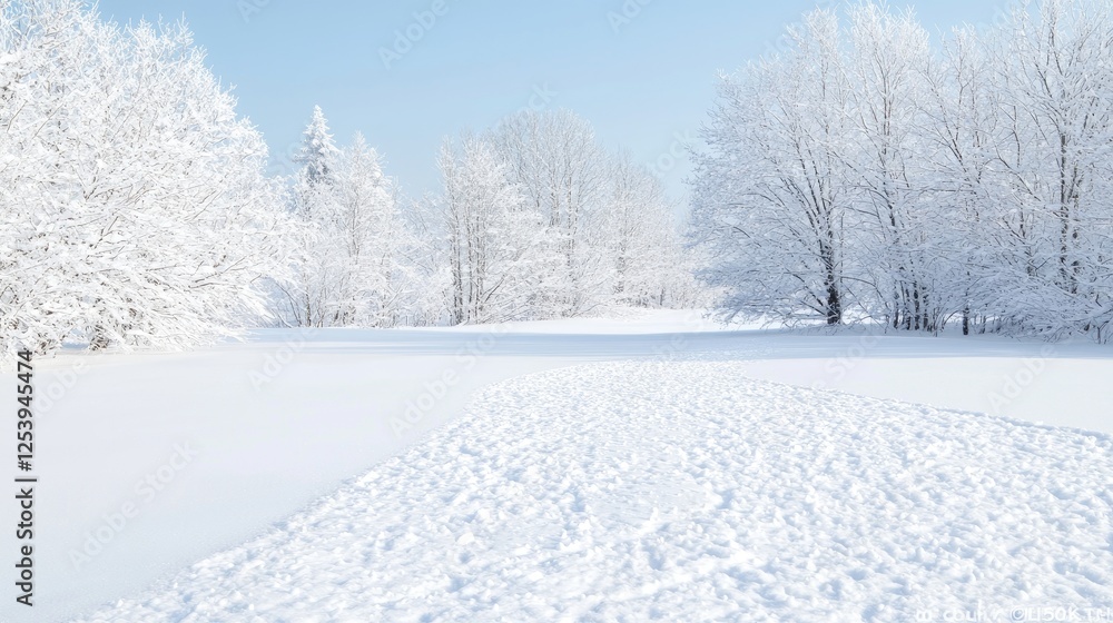 Snow-covered path through winter forest; sunny day Snow-covered path through winter forest; sunny day