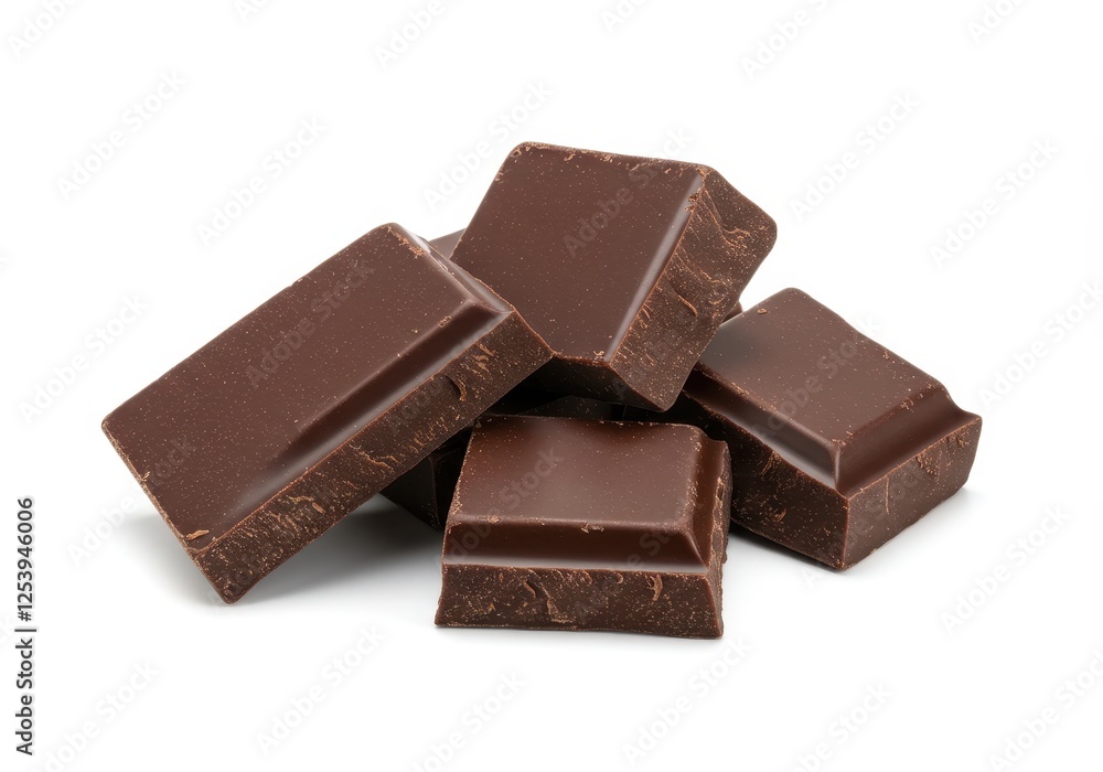 Chunks of dark chocolate with sharp edges and a matte finish arranged in a small pile isolated on white background Chunks of dark chocolate with sharp edges and a matte finish arranged in a small pile isolated on white background