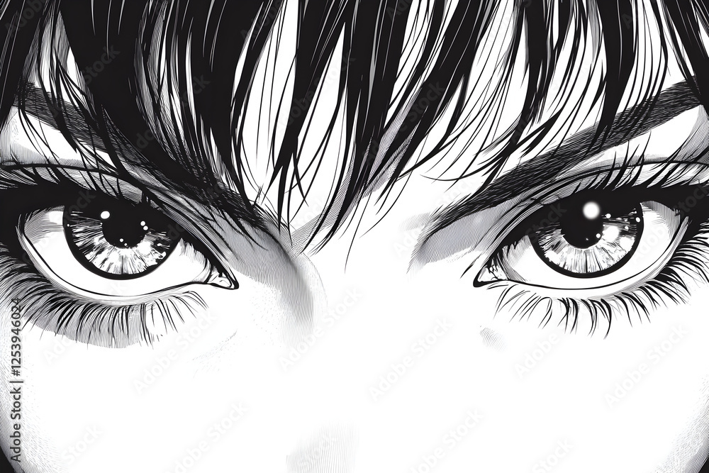 Obraz premium Captivating Black and White Anime Portrait: Intense Gaze, Detailed Features, Dramatic Shading, and Striking Contrast in Artistic Illustration and Character Design