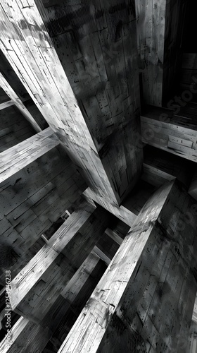 Interlocking Beams: A dramatic black and white photo capturing an abstract view of interlocked wooden beams, creating a compelling visual of complexity, structure, and architectural design. photo