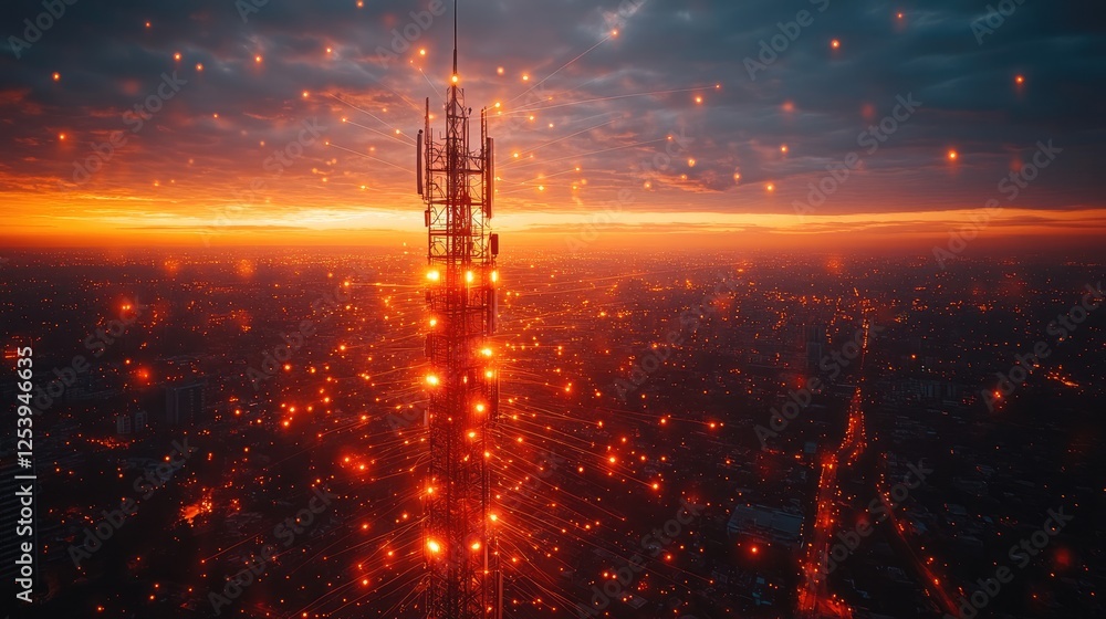 Fototapeta premium A vibrant sunset over a cityscape, highlighting a communication tower with glowing lights.