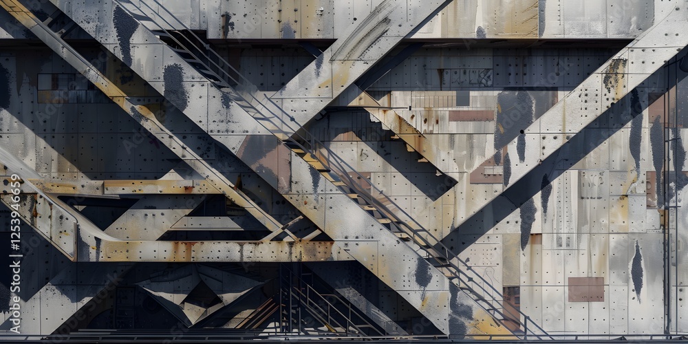 Fototapeta premium Industrial Abstract: A captivating abstract image showcasing the intricate network of weathered steel structures, creating a visually striking interplay of textures, lines and shadows.