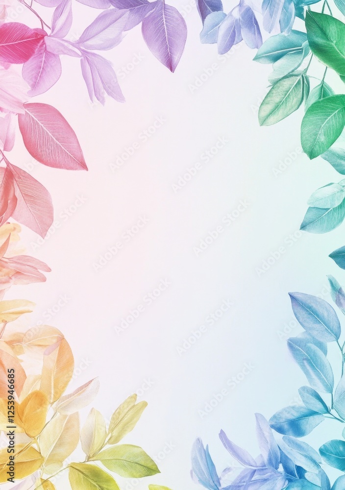 Fototapeta premium Colorful leaves frame, soft pastel colors, white background, botanical design