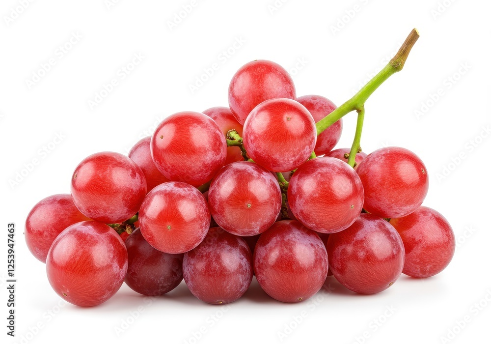 A fresh bunch of plump glossy red grapes with green stems attached, isolated on white background A fresh bunch of plump glossy red grapes with green stems attached, isolated on white background
