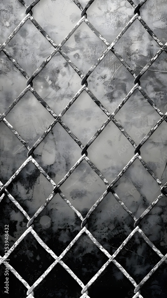 Fototapeta premium Frozen Chain Link Fence: A close-up shot of a weathered chain link fence, with the metal mesh obscured by a layer of frost, creating a stark and textured abstract pattern. The cold.