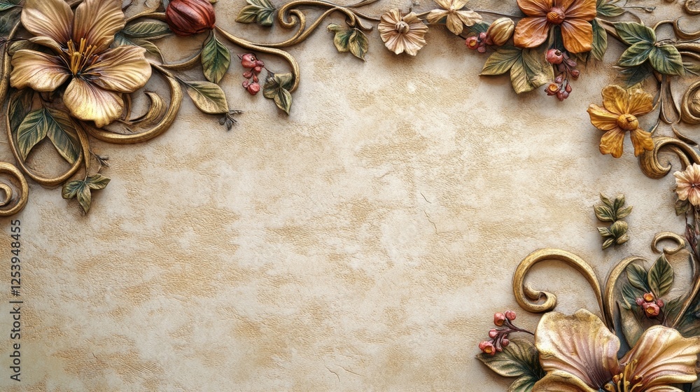 An intricate border design featuring floral motifs on textured paper An intricate border design featuring floral motifs on textured paper