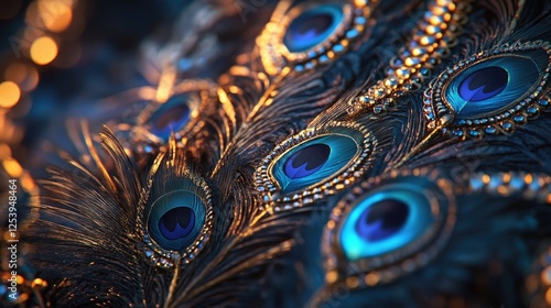 An intricate close-up of Krishnaa??s divine ornaments and peacock feather photo