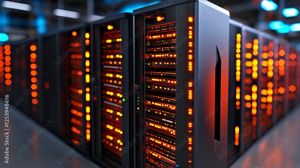 A close-up view of a modern server room filled with rows of sleek black servers, illuminated by vibrant orange LED lights. A close-up view of a modern server room filled with rows of sleek black servers, illuminated by vibrant orange LED lights.