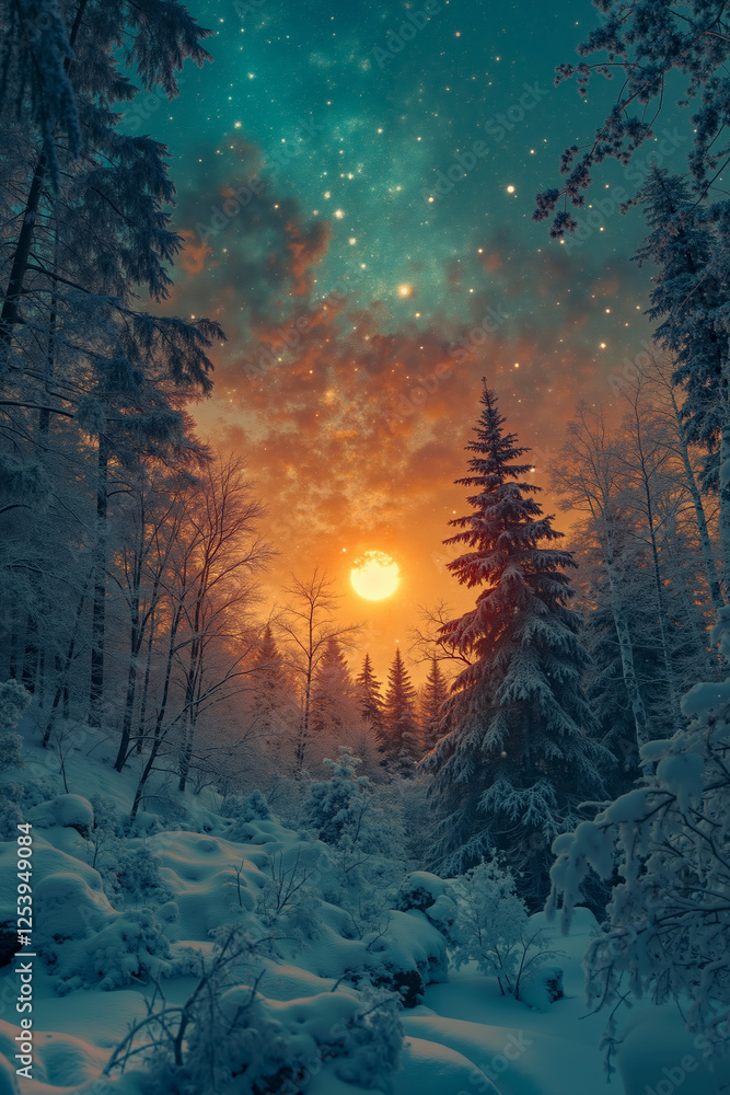 Naklejka premium A snowy landscape with trees and a full moon in the sky