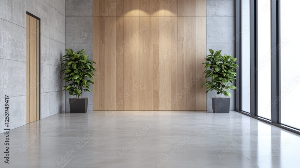 Fototapeta premium Modern Empty Hallway with Wood Paneling and Plants