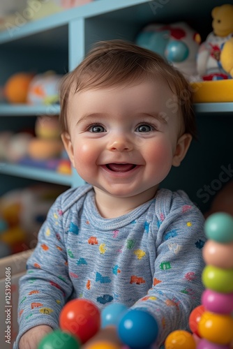 Baby enjoys colorful toys in a cozy playroom during the afternoon light