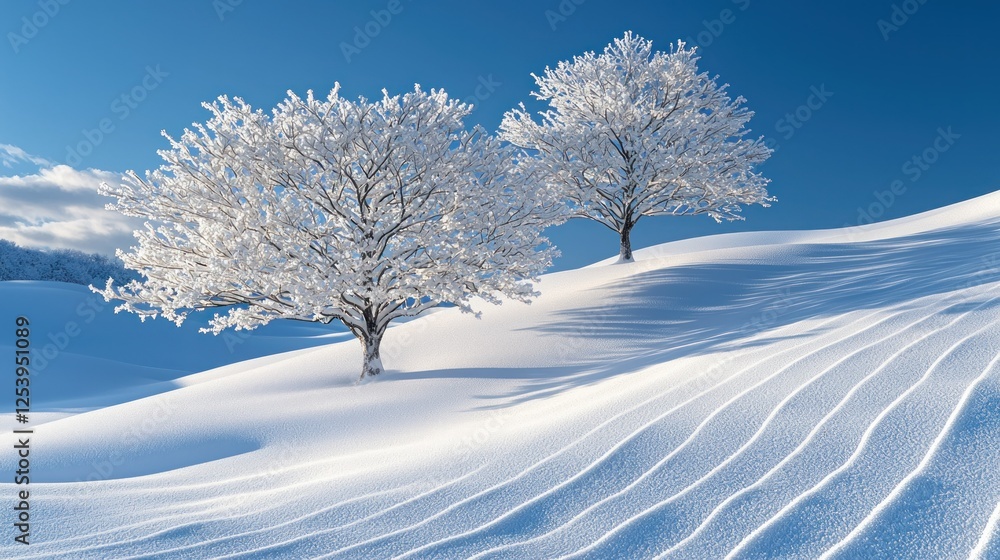 Snow-covered trees on a hill, winter landscape, serene background, ideal for nature calendars Snow-covered trees on a hill, winter landscape, serene background, ideal for nature calendars