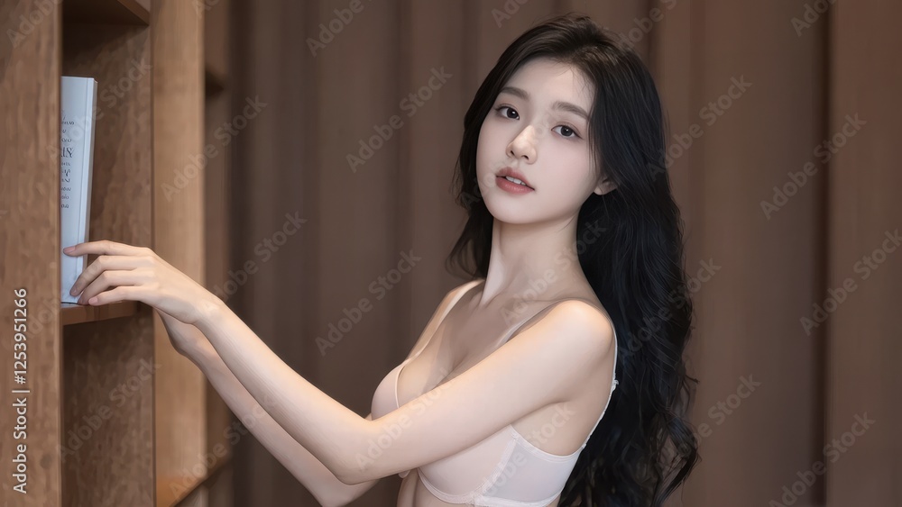 Young woman in casual attire poses confidently in a modern indoor space during daylight Young woman in casual attire poses confidently in a modern indoor space during daylight