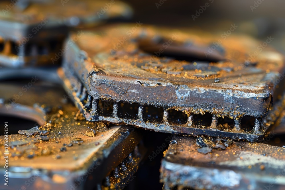 Close-Up of Worn Brake Pads Demonstrating Texture and Damage for Automotive Study Close-Up of Worn Brake Pads Demonstrating Texture and Damage for Automotive Study