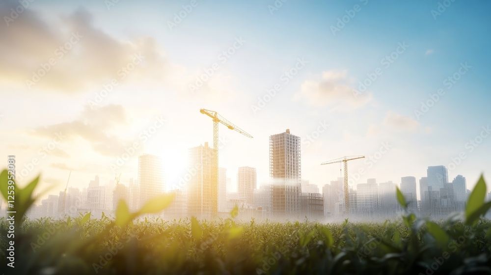 Modern City Skyline Under Construction Surrounded by Green Fields at Sunrise with Cranes, Urban Development, and Nature Coexisting in Harmony Modern City Skyline Under Construction Surrounded by Green Fields at Sunrise with Cranes, Urban Development, and Nature Coexisting in Harmony