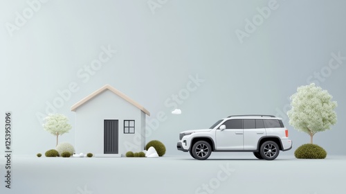 Modern Minimalistic Scene Featuring a White SUV Parked Next to a Simple House Surrounded by Nature, Highlighting Cozy Lifestyle and Clean Aesthetics photo