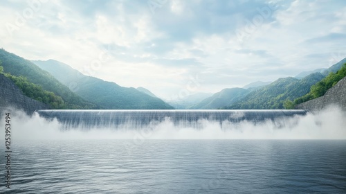 Wallpaper Mural Serene Landscape of a Majestic Waterfall Cascading Over a Dam Surrounded by Lush Green Mountains Under a Soft Cloudy Sky Torontodigital.ca