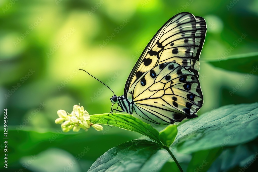 Obraz premium Nature's Transformation: Close-Up of a Butterfly Cocoon on a Leaf Surrounded by Lush Greenery