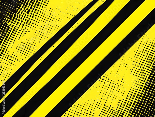 Bold Yellow and Black Diagonal Stripes: A dynamic abstract graphic featuring bold diagonal black stripes against a vibrant yellow halftone background.  The design is energetic and visually striking. 