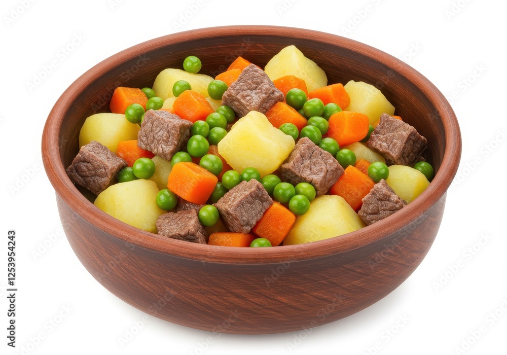 A bowl filled with a hearty mix of diced meat, peas, carrots and potatoes isolated on white background A bowl filled with a hearty mix of diced meat, peas, carrots and potatoes isolated on white background