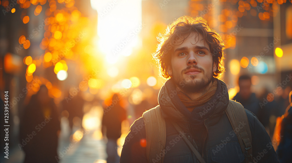 Naklejka premium Golden hour urban portrait of a student on city streets