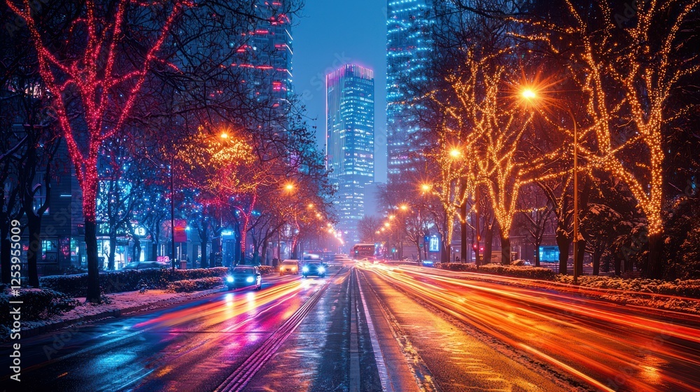 Snowy night street, city lights, traffic blur, festive decorations