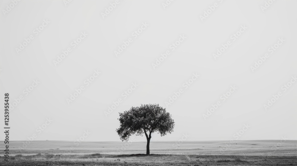 Obraz premium Solitary Tree in Open Field: Minimalist Black and White Landscape for Contemplation