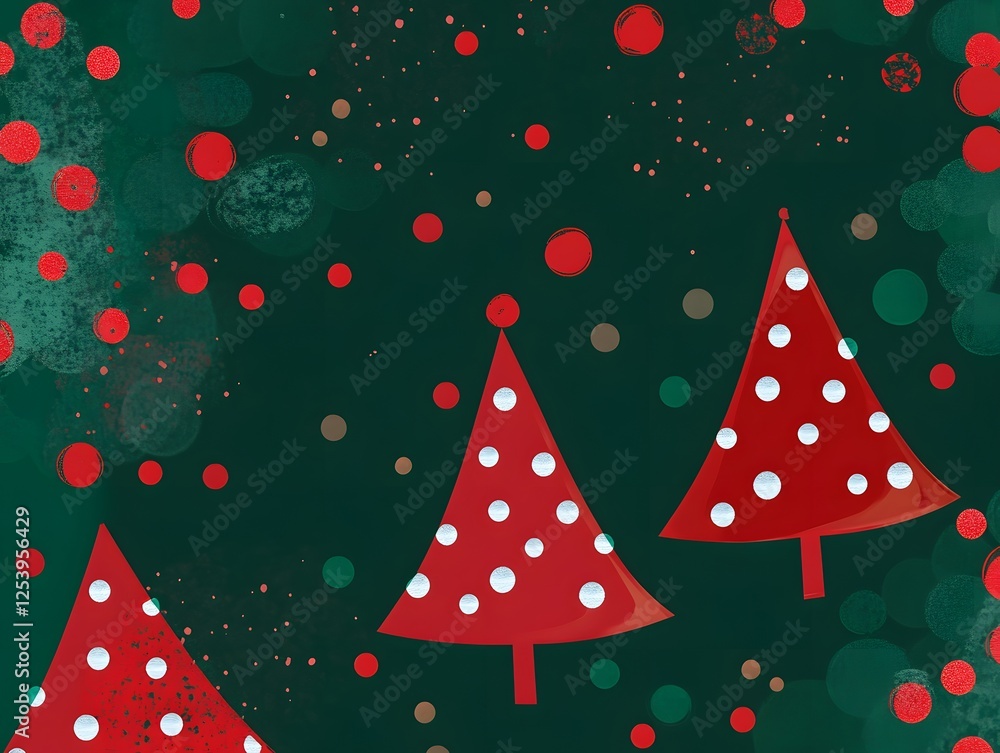 Christmas Tree Pattern: A festive and whimsical pattern featuring stylized red Christmas trees adorned with white polka dots against a deep green background, sprinkled with red and gold confetti. Christmas Tree Pattern: A festive and whimsical pattern featuring stylized red Christmas trees adorned with white polka dots against a deep green background, sprinkled with red and gold confetti.