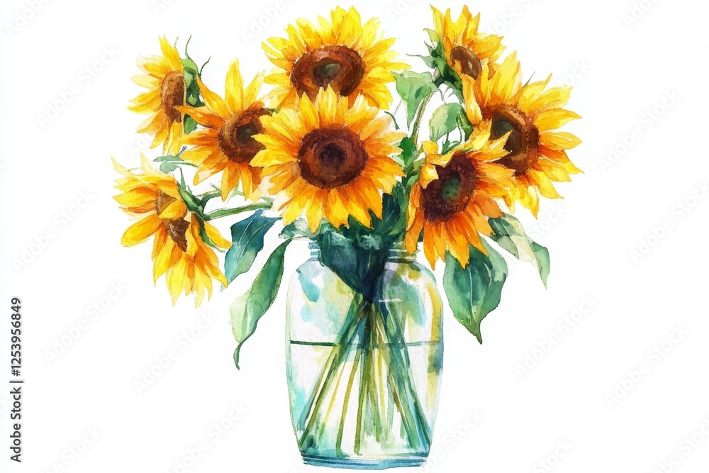 Obraz premium Watercolor Sunflower Bouquet in Glass Jar (1)