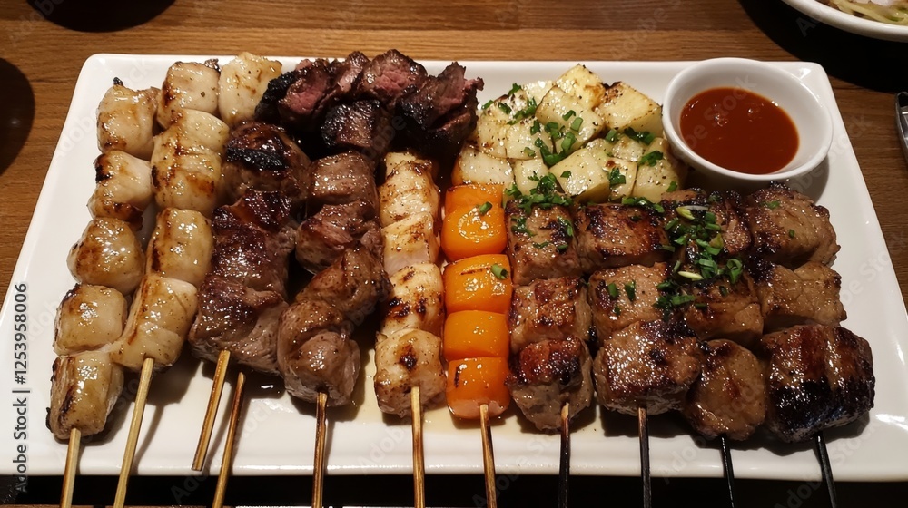 A beautifully arranged yakitori platter featuring chicken, beef, and vegetable skewers, paired with dipping sauces. A beautifully arranged yakitori platter featuring chicken, beef, and vegetable skewers, paired with dipping sauces.