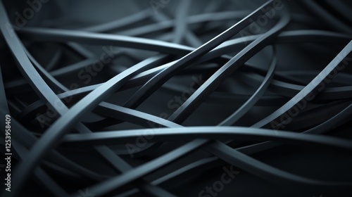 Abstract close-up photo of tangled gray cables creating a visually striking pattern against a dark background, showcasing texture and depth with a modern aesthetic. photo