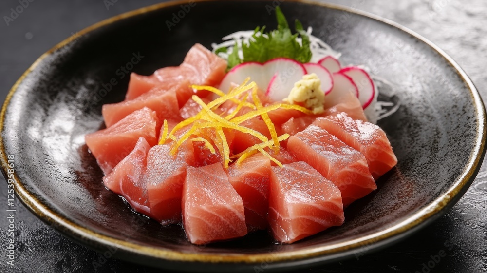 A beautifully plated sashimi selection on a black and gold ceramic plate, topped with thinly sliced radish and citrus zest. A beautifully plated sashimi selection on a black and gold ceramic plate, topped with thinly sliced radish and citrus zest.