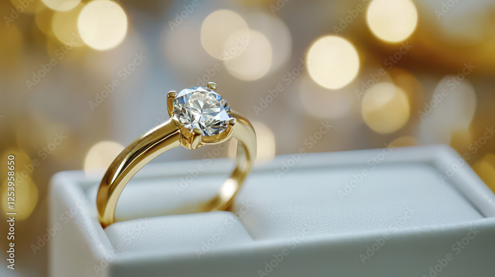 beautiful gold ring with large diamond sits elegantly on display, sparkling in soft light beautiful gold ring with large diamond sits elegantly on display, sparkling in soft light