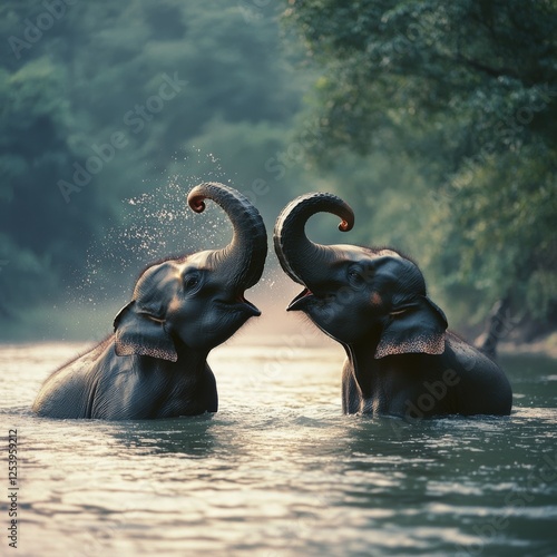 Two elephants joyfully spray water in a lush river, their trunks upturned against a verdant backdrop, embodying playfulness and nature's purity.