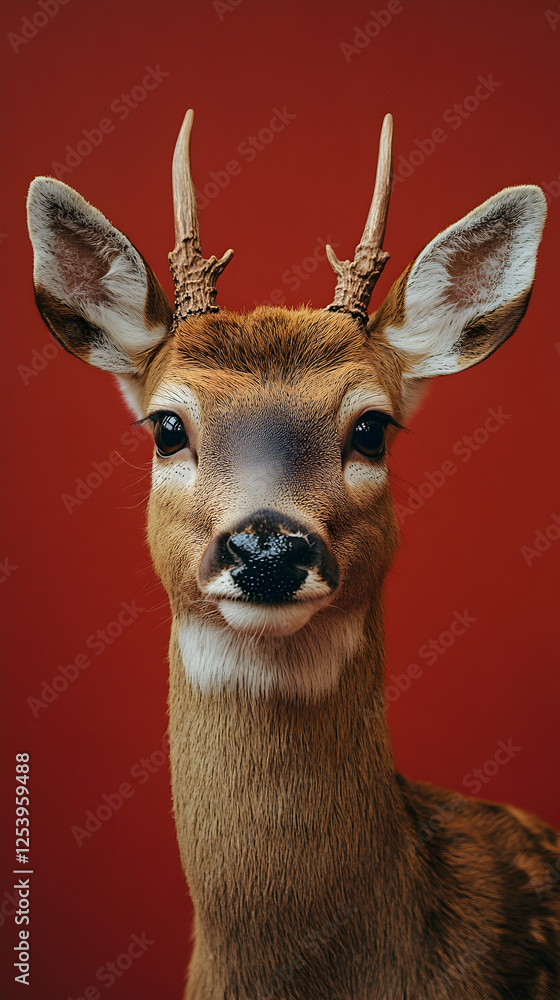 Obraz premium Close-Up Portrait of a Young Deer in Vibrant Red Background - Expressive Wildlife Photography in Natural Habitat