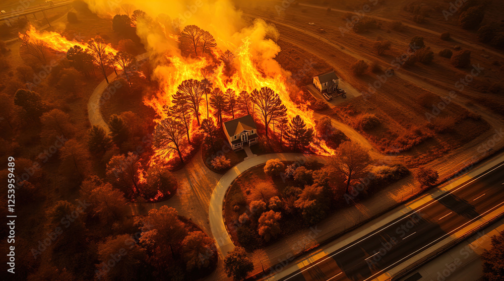 Fototapeta premium ominous forest fire near road, forest and house burning near highway, fire in california