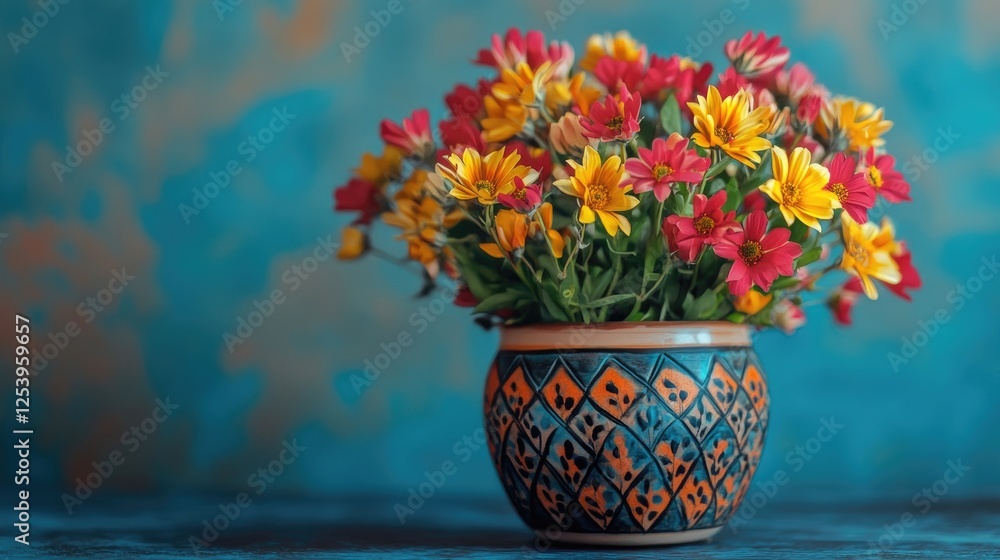 A vibrant arrangement of shiuli flowers in a decorative pot A vibrant arrangement of shiuli flowers in a decorative pot
