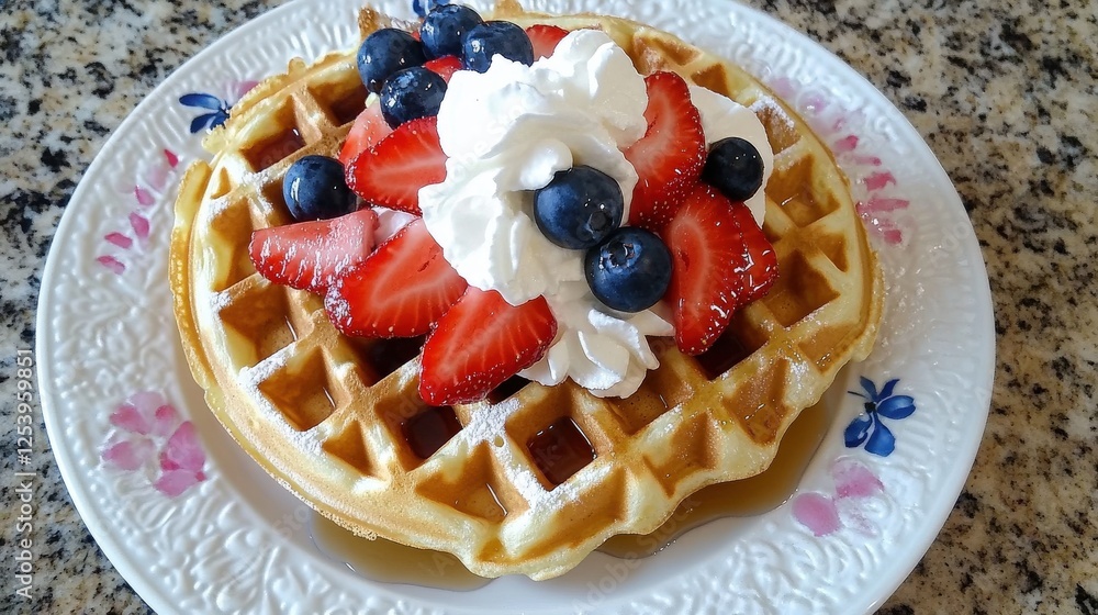 Delicious Waffle Topped With Strawberries Blueberries And Cream Delicious Waffle Topped With Strawberries Blueberries And Cream