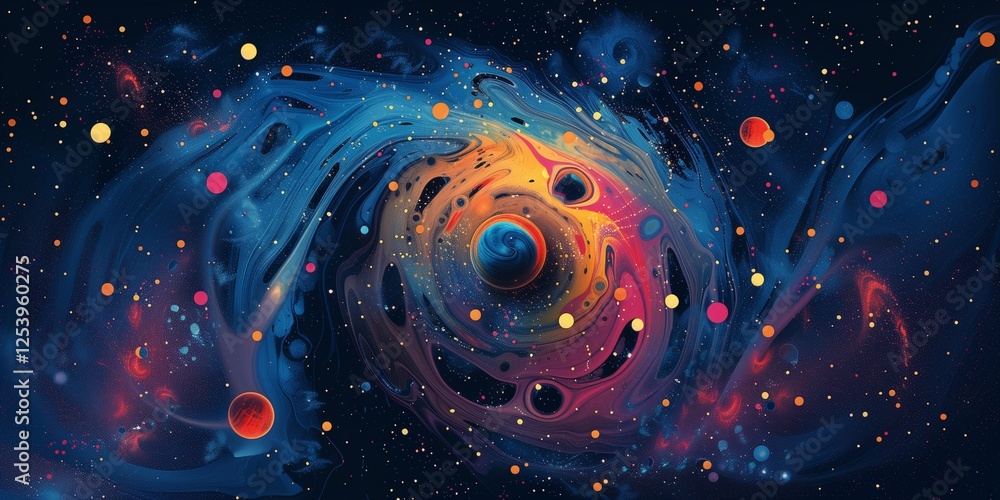Cosmic Swirl: A Vibrant Abstract Depiction of a Galaxy or Nebula, Featuring Swirling Colors, Distant Stars, and a Central Eye-like Structure.
Cosmic Swirl: A Vibrant Abstract Depiction of a Galaxy or Nebula, Featuring Swirling Colors, Distant Stars, and a Central Eye-like Structure.