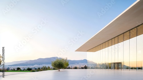 Modern architecture features expansive glass walls and minimalistic design, showcasing stunning sunset views of mountains and nature in a serene landscape setting.