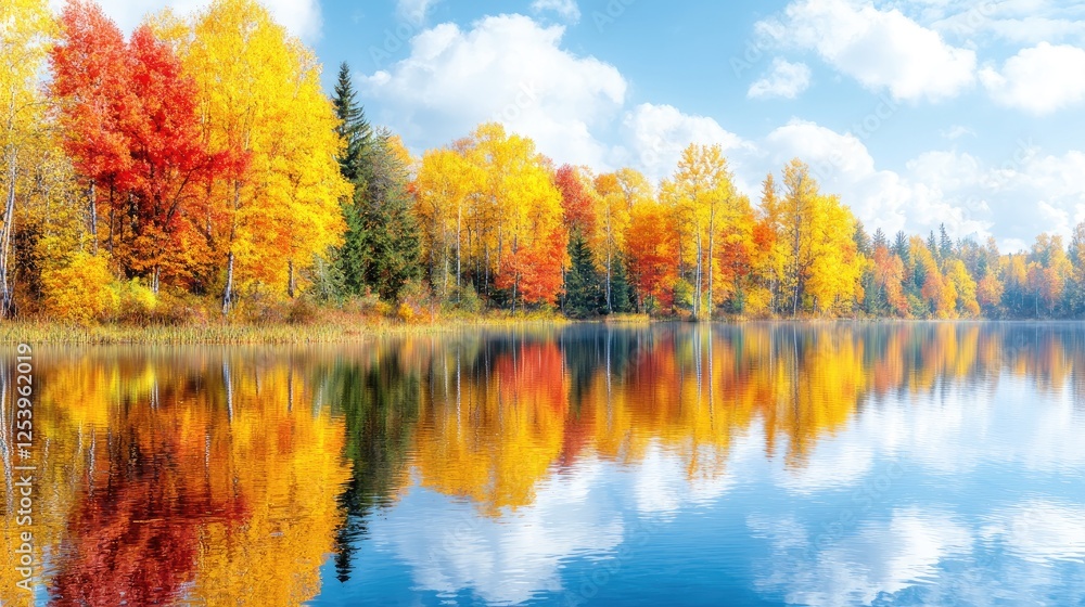 Fototapeta premium Autumn lake reflection, vibrant foliage, serene landscape, idyllic fall scene, nature calendar